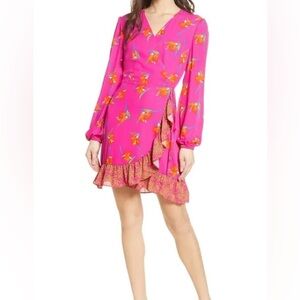 Charles Henry Hot Pink Floral Long Sleeve Wrap Dress